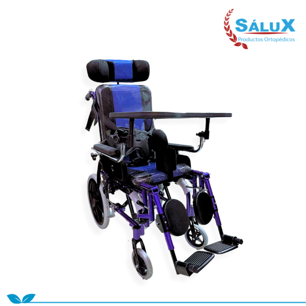 SILLA DE RUEDAS NEUROLOGICA COLOR AZUL PEDIATRICA CON MESA