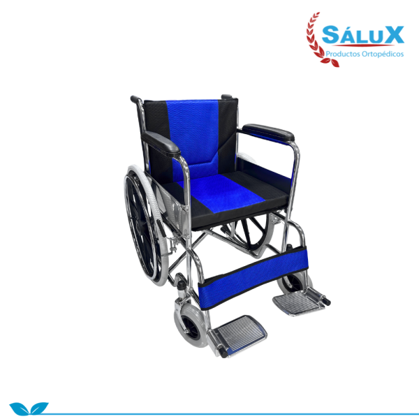 SILLA DE RUEDA CROMADA FIJA ARO PVC COCADA, COJIN  COLOR AZUL Y NEGRO
