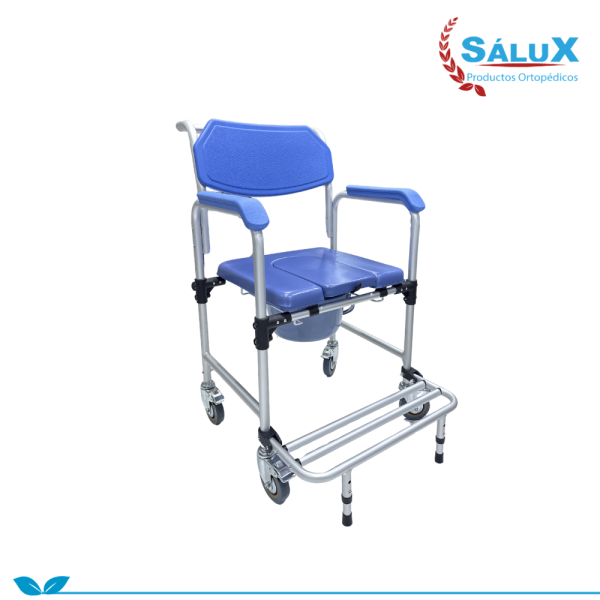 SILLA SANITARIO DE ALUMINIO CON RESPALDAR Y RUEDAS DE COLOR AZUL