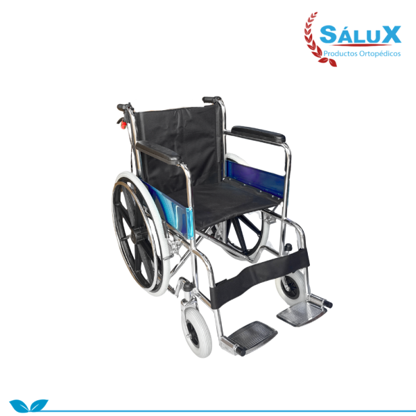 SILLA DE RUEDAS ESTANDAR DE ACERO CROMADO LLANTAS DELANTERAS DE 8 PULGADAS